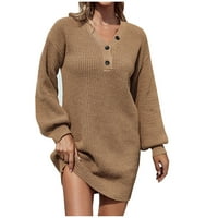 Aueoeo džemper haljina za žene casual modne čvrste pulover dugih rukava V-izrez-izrez-haljina smeđu