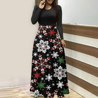 Ženska haljina dugih rukava za žene Crewneck Božićni tisak Visoki struk Patchwork Bohemian Long Maxi