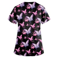 Yubatuo ženske vrhove Žene modni leptir Print V-izrez kratkih rukava s kratkim rukavima s džepovima na vrhu majica za žene