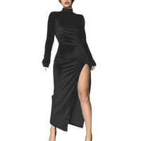Yinguo Womens Turtleneck Dugi rukav dugačak baršunal haljina Slim Fit Pleated proretna haljina