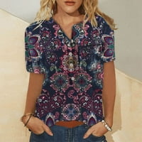 Bazyrey ženski kratki rukav ženski Henley grafički otisci bluza casual cvjetni gumb dolje majice ljubičasta