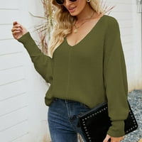 Ženski pleteni pulover džemper vrhom ležerne džemper dugih rukava s V-izrezom zeleni xl