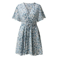 Daznico ženska haljina dame casual elegantni retro v ret elastični struk cvjetni tisak ljeto kratkih rukava mini haljina plavi xl