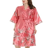 HAITE Women Crane print rukave pidžama ogrtač svileni ogrtač čipke udružene kimono spavaćice ružičaste