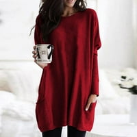Prodaja ženskih modnih košulja haljina majica za žene za žene bluza s dugim rukavima, pulover u okruglom vratu ugodno casual labavo fit džepni duks pune boje tunike crveni xl