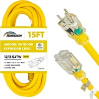 15FT osvijetljeni vanjski produžni kabel sjtw Heavty žut produžni kabel sa presvim uzemljenim utikačem za sigurnost, ul naveden