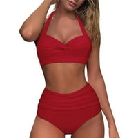 Wanyng Ruched Women Halter kupaći kostim Visoki vintage set Bikini Print Retro Struk Dvije kupaće kostimi