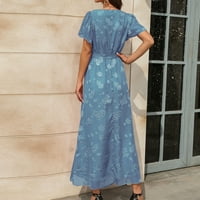 Haljine za žene plus veličine ženskog odobrenja A-line V-izrez kratki rukav cvjetni dugi podijeljeni haljina s linijom plave l