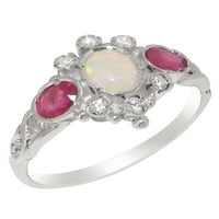 Britanci izrađeni sterling srebrni prirodni Opal Ruby Diamond Ženski rubni prsten - Opcije veličine - Veličina 10.25