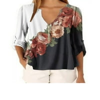 Plus size žene dugih rukava šifonske majice bluza na vrhu casual labav cvjetni ispisani tunički rull up ruffe majice dame vrez