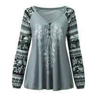 Fimkaul ženske košulje Zimske jeseni plus veličina dugih rukava casual vrhovi Boho Print V-izrez Bluza