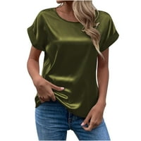 Ženski elegantni okrugli vrat valjani kratki rukav saten sitni bluza za bluzu vojske zelene xxl