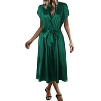 Žene ljetne haljine Ženske elegantne casual midi haljina s džepovima s kratkim rukavima V izrez sa kaišom za žene zeleno xl