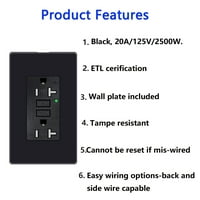 3pk 20A 125V otporan na vrijeme otporan na vrijeme otporan na GFCI s LED indikatorima ukrasnih zidnih ploča vijci uključuju stambeni i komercijalni razred ETL certificirani crni