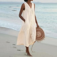 Ženska ljetna haljina od pune boje bez rukava V izrez prema dolje Ležerne tipke Swing kratka haljina