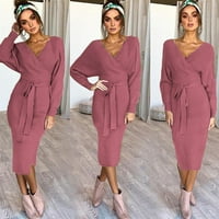 Ženski elegantni džemper haljina s dugim rukavima V izrez kravata Slim Fit plete Slit midi haljina