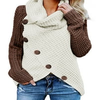 Asyoly Womens Asimetrični ukras gumba Turtleneck džemper s dugim rukavima Boja blok Chunky pleteni pulover