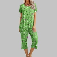 Ženska tiskana okrugla vrat kratki rukav ležerni za spavanje + labave obrezirane hlače postavlja loungewear pidžama sa džepovima zelena l