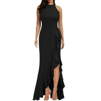 Žene Split bez rukava Slim Fit Ruffle Dugi haljina večernja haljina Ženska svečana haljina crna l