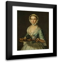 Philippe Mercier Black Moderni uokvireni muzejski umjetnički ispis pod nazivom - Mlada žena koja nosi čajnu ladicu, eventualno Hannah, sluškinja umjetnika