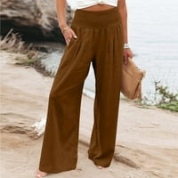 Charella ženske labave hlače sa širokim nogama visoke elastične struke prave hlače casual pantalone sa džepovima smeđa, m
