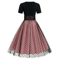 Žene 50-ih 60-ih Vintage haljina Mreža Polka Dot kratki rukav okrugli vrat A-line ljuljački koktel party haljine ružičaste m