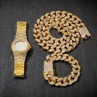 RaysRay kubanski hip-hop imitacija imitacija dijamantski sat, ogrlica i narukvica set od super sjajnih, pogodnih za muškarce i žene kao poklone, pozlaćen srebrni sat Rođendan