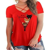 Pfysire Women V CAT CAT Print Tops kratkih rukava casual bluza plus veličina plava s