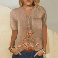 Tking Fashion Ženski kratki rukav cvjetni tisak za print V izrez Loose Duptina ljetne majice sa džepom