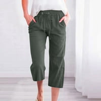 Ljetne kapri hlače za žene pamučne posteljine čvrste boje Capris slabe elastične struke casual širokim