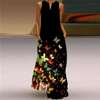 Haljine za žene cvjetni maxi a-line bez rukava bez rukava za neotkrivanje ljetna haljina crna 2xl