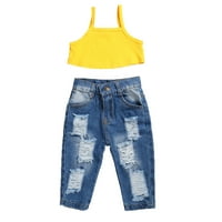 AFUNBABY BABY Girls Ljetna odjeća set bez rukava rebrasti plemić obrezana Camisole + Ripped Jeans Kids