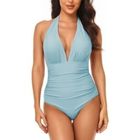 Bikini Žene Solidne boje Jednodijelni s naboranim visećim vratom Žene kupaći kostim Sky Blue S