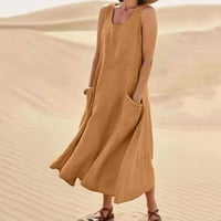 Auroural Womens haljine zazor ženska ljetna modna casual puna boja bez rukava pamučna posteljina duga