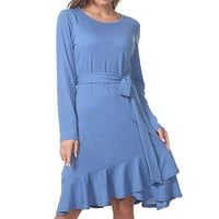 Honeeladyy ženske ležerne dugih rukava iznad koljena mini haljina labava zabava haljina sa rubness plava