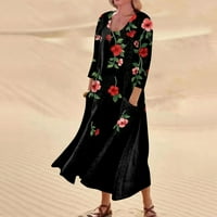 GDFUN ženska casual udobna cvjetna print tri četvrtine rukava pamučna džepa haljina - žene ljetne haljine