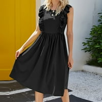USMIXI Formalne haljine za ženske ležerne ruffle rukave s ljuljačkama Swirnk midi haljina bez rukava okrugla vrata od pune ljetne duljine koljena crna m
