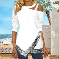 Amidoa Ženske majice Patchwork Pulover Tunic One rame pola rukava Nepravilni rub Tees Sparkly Modne