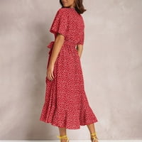 Žene ljetne haljine za žene Ležerne datuse haljine Odštampani midi V-izrez Srednji duljina kratkih rukava crvene s