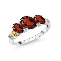 Gem Stone King Sterling srebrni i 10k žuti zlatni ovalni crveni granat i bijeli dijamantni kameni prsten za žene