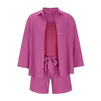 Dvije odijelo za ženske košuljene hlače postavljaju čvrstu oblikovanje košulje dugih rukava + bluza s rukavima + kamisole bez rukava + hlače za kratke hlače postavljaju vruće ružičaste s