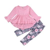 Djevojke za djecu Outfits dugih rukava Čvrsta boja okrugli vrat + cvjetni ispis hlače, odjeća set 6- mjeseci, ružičasti