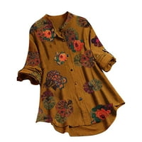HXROOLRP majice za ženski ležerni cvijet Ispis dugulja s dugim rukavima O-izrez gumb labava majica top