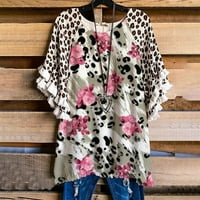 CLlios ženska ljetna cvjetna tiskana bluza ruffle rukave CREW izrez Loose Tops Leopard Ležerna majica