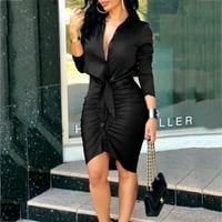 Ljetna haljina za žene Ženska moda V-izrez Čvrsta boja dugih rukava čipke Ležerne haljine haljine pamuk crni l