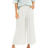Pgeraug ženske hlače Culottes pamučna posteljina široka noga Palazzo elastični struk kapri pantalone sa džepovima hlače za žene bijele 2xl