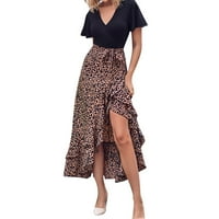 Ženska kratka rukava Fit & Flare Visoka niska modna V-izrezana ljetna haljina smeđa XL