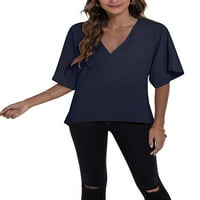 HANERDUN Žene duboki V-izrez Kratki Dolman rukavac majica Ženska labava bluza vrhovi Navy Blue XL