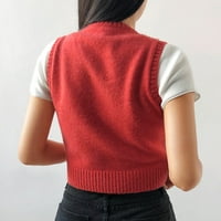 Hanzidakd ženski pleteni pulover Dukseri padaju i zimski rukav V izrez Poliester Retro pulover džemperi crveni m