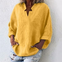 Growesty Womens Plus Veličina Čišćenje Ženske modne čvrste boje dugih rukava od pamuka i labavo labave košulje bluza V-izrez